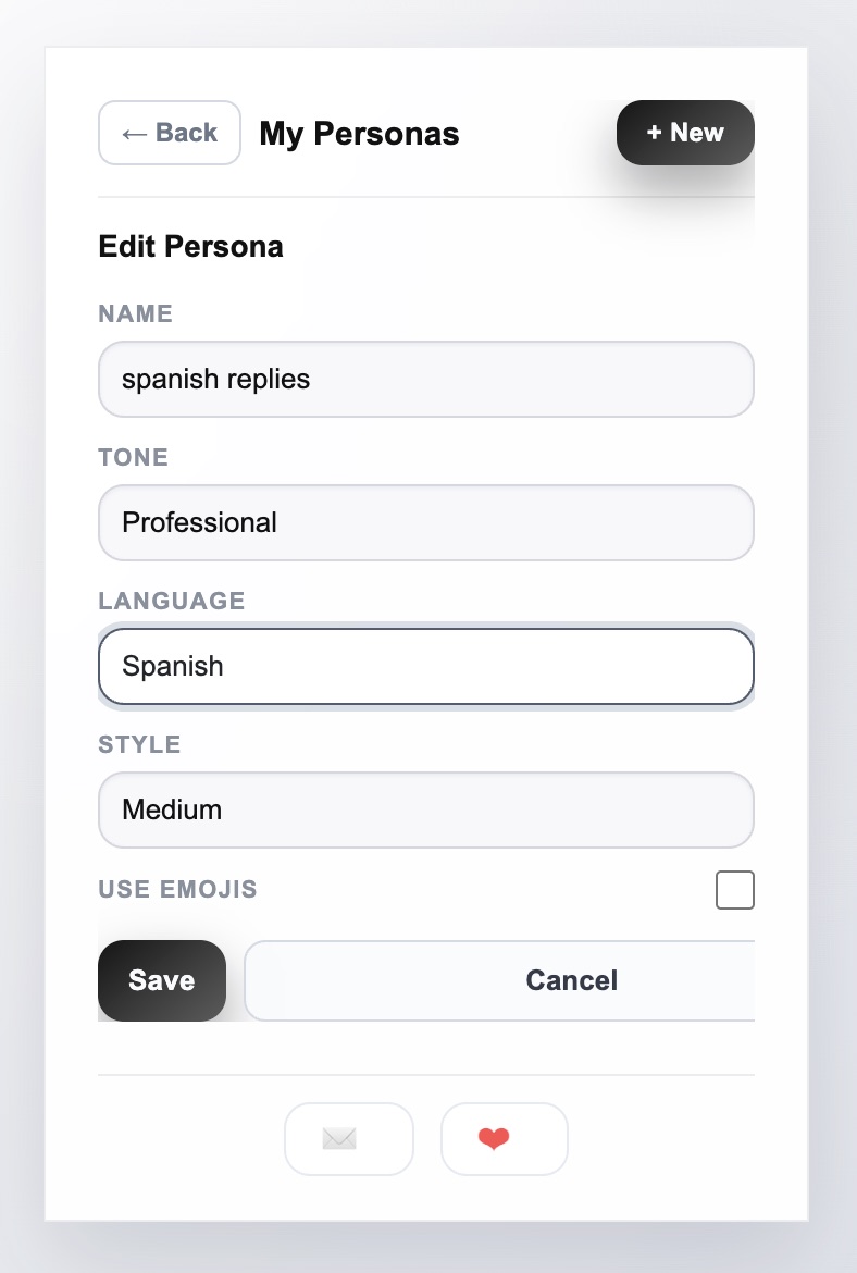 Posteora persona editor showing tone, language, style, and emoji settings
