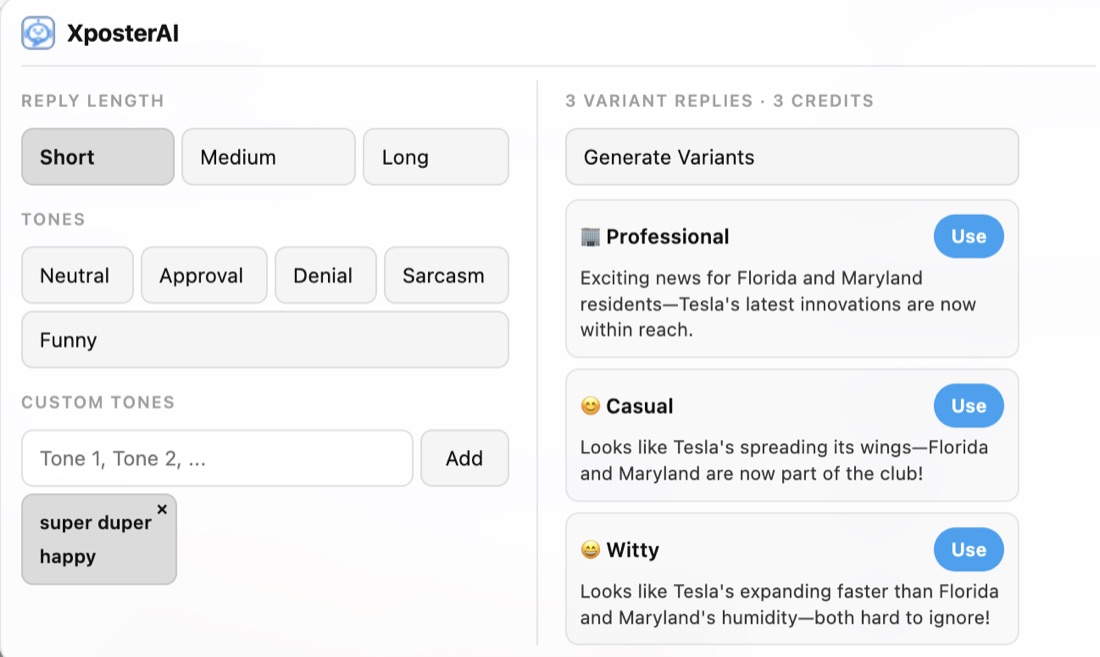 Posteora reply variants showing professional, casual, and witty reply options